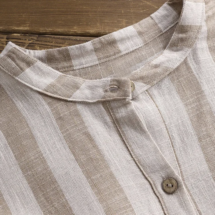 Страуса женские рубашки хлопок Кнопка Полосатый с длинным рукавом размера плюс хаки Свободные Элегантные благородные Простые Летние блузки рубашки