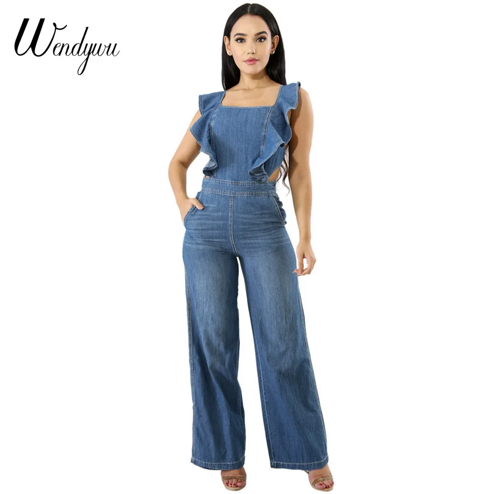 

Wendywu New Fashion Women Sexy Backless Ruffles Sleeve Denim Wide Leg Jumpsuit Romper Pockets Overalls Long Pants