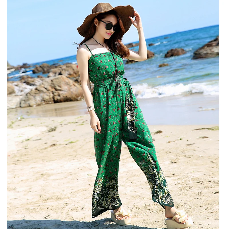 Sexy Spaghetti Strap print New Boho jumpsuit Green rompers casual women