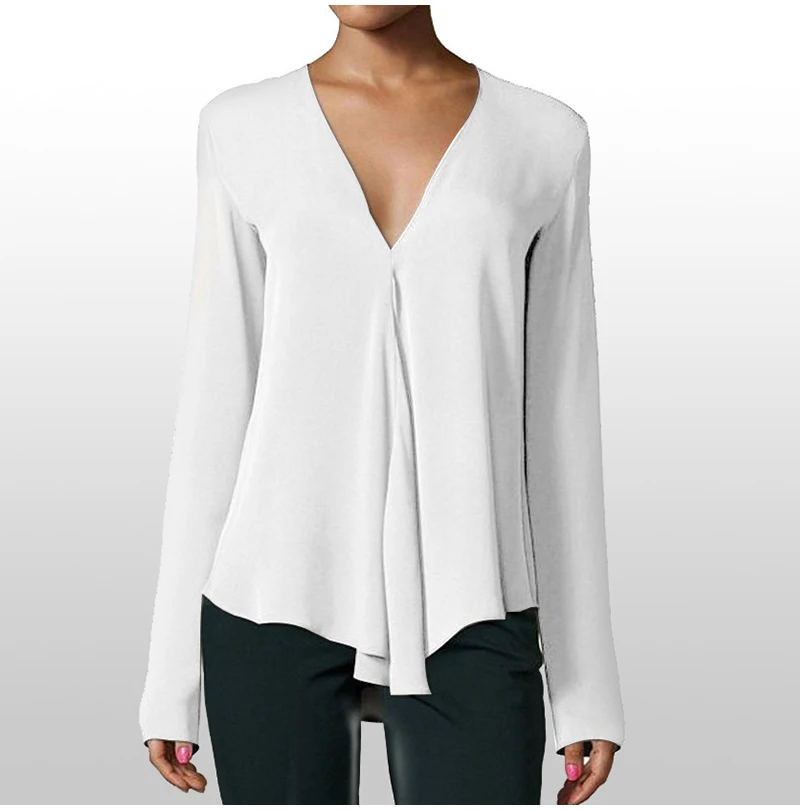 Женская шифоновая рубашка с v-образным вырезом, топ размера плюс 6XL, длинный рукав, Черная Женская блузка, лето, элегантные мягкие женские пуловеры, топы