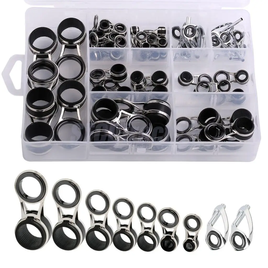 55Pcs/box Stainless Steel Fishing Rod Guides Rod Repair Kit DIY Eye Rings, Mixed 9 Sizes
