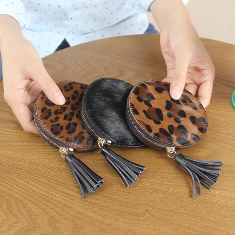 Модный Леопардовый мини-кошелек с лошадью для волос, женский ретро кожаный кошелек с кисточками для монет, кошелек для ключей, держатель для карт, женские тонкие круглые кошельки