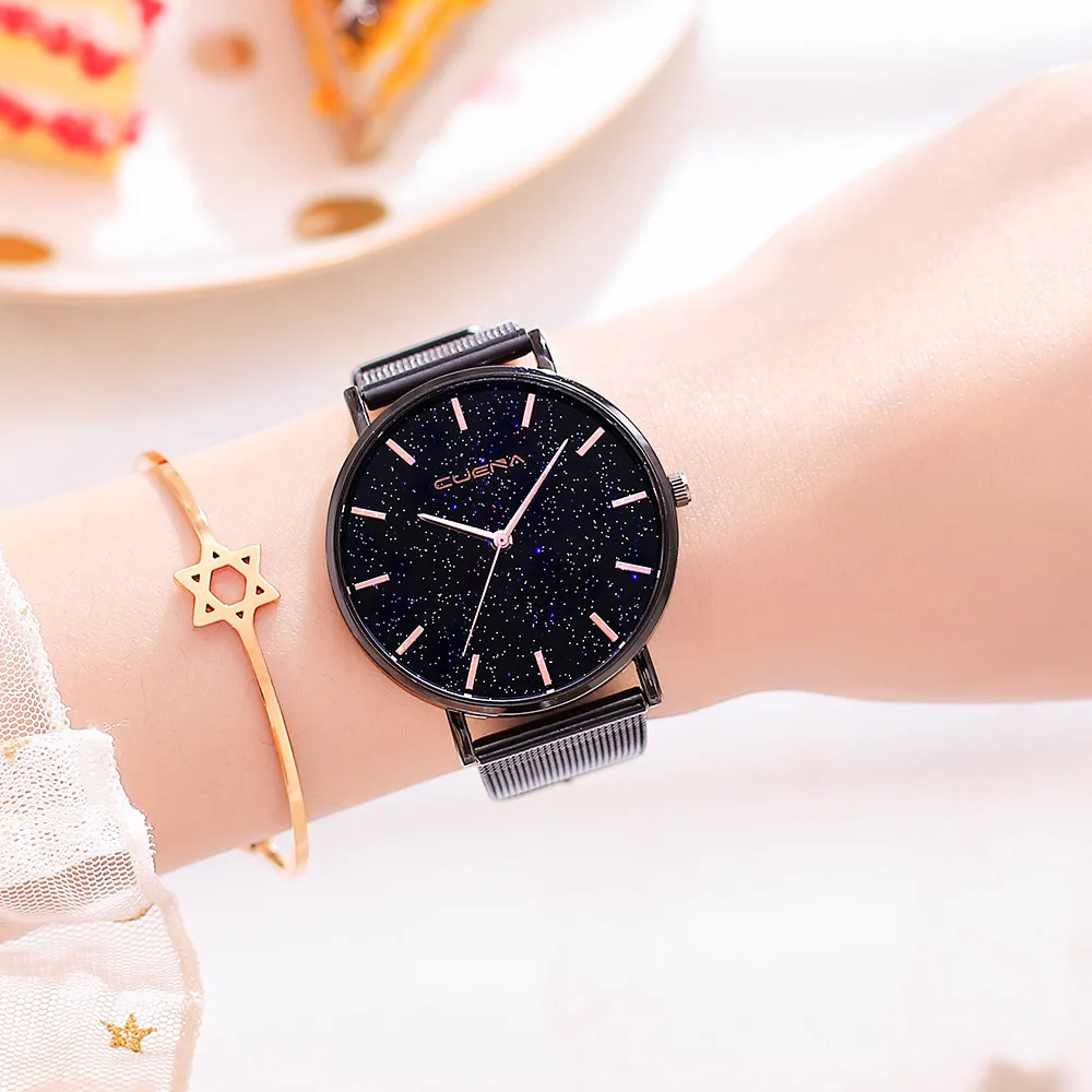 CUENA Brand Ladies Watch Starry Sky Diamond Dial Women Bracelet Watches Stainless steel Mesh band Business women watch clock CUENA Brand Ladies Watch Starry Sky Diamond Dial Women Bracelet Watches Stainless steel Mesh band Business women watch clock