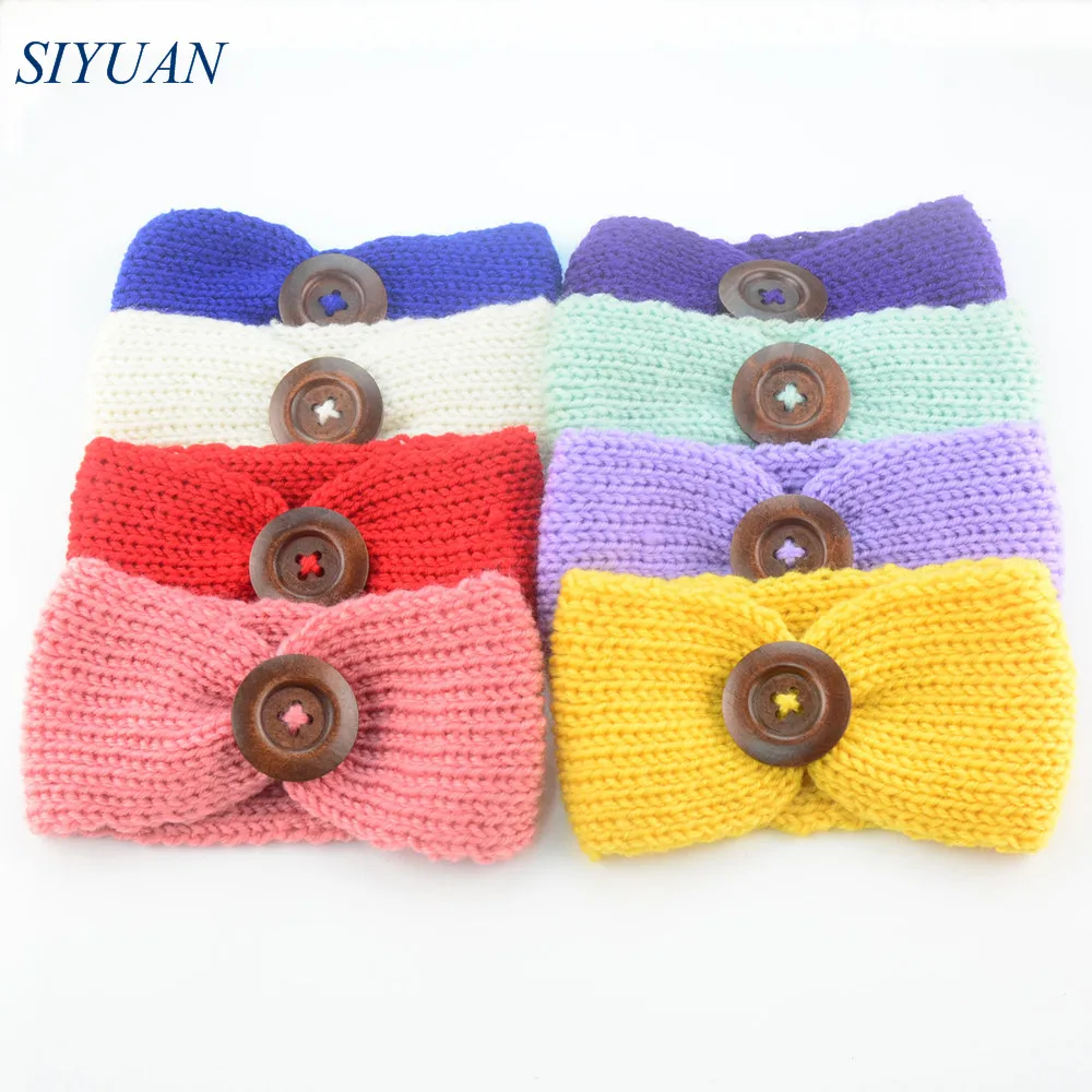 16pcs/lot Solid Color Crochet Woolen Yarn Headband with Vintage Button