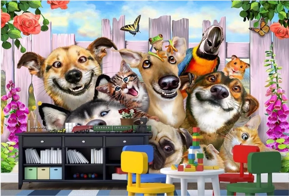 3d комнате обои на заказ росписи фото мультфильм сад группа собак картина украшения 3D настенные фрески обои для стен 3 D