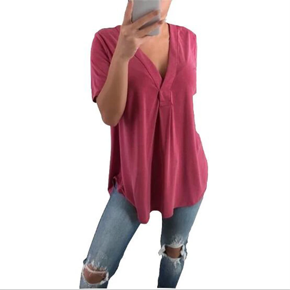 

2019 New Summer Women Casual Short Sleeve Fashion Sexy V-Neck Tops Female Basic Solid Plus Size Loose Shirts