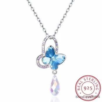 

SMTCAT Crystals from Necklace Women Pendant S925 Sterling Silver Jewelry Blue Pink Butterfly Austrian Rhinestone New