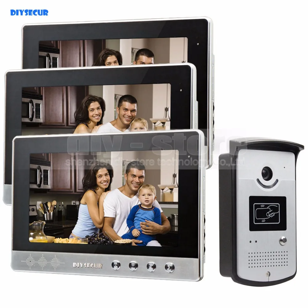 

DIYSECUR 10 inch Video Door Phone Doorbell Home Security Video Intercom System RFID Camera Night Vision 1 Camera 3 monitors