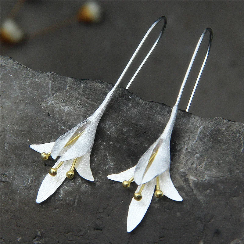 

100% Real Pure 925 Sterling Silver Flowers Earrings Beautiful Lily Drop Earrings Jewelry Earrings For Women Earring Pendant