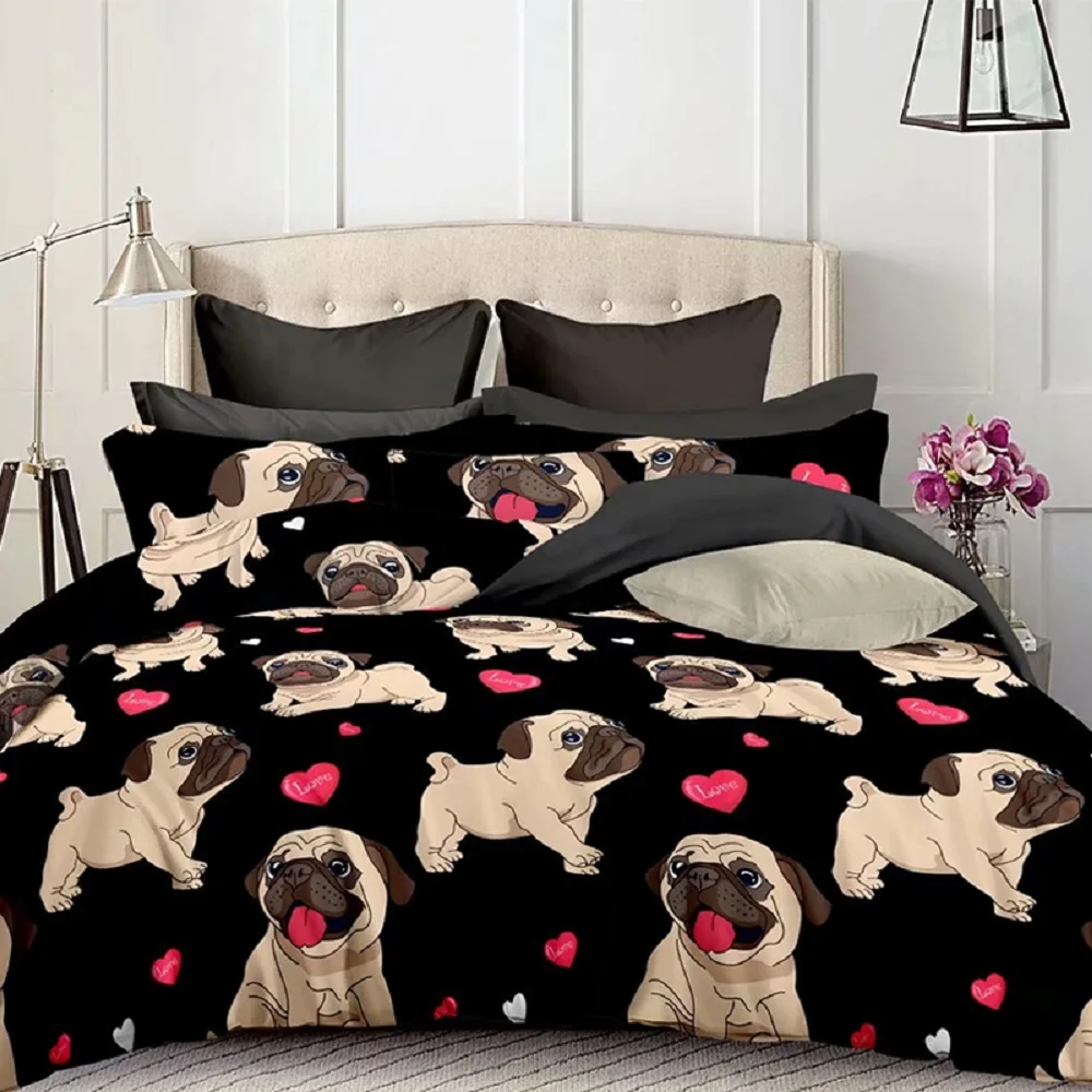 

100% Microfiber Cartoon Animal Kid/Boy Duvet Cover Set Gray Dog Red Love Bedspread Black Bedding Set 3 Pieces with 2 Pillowcase