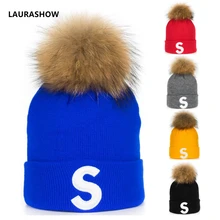Детская шапка в стиле хип-хоп для мальчиков и девочек, лауразот, настоящий шарик из меха енота, помпоны, Вязаная Шерстяная Круглая Шапочка, теплая зимняя шапка