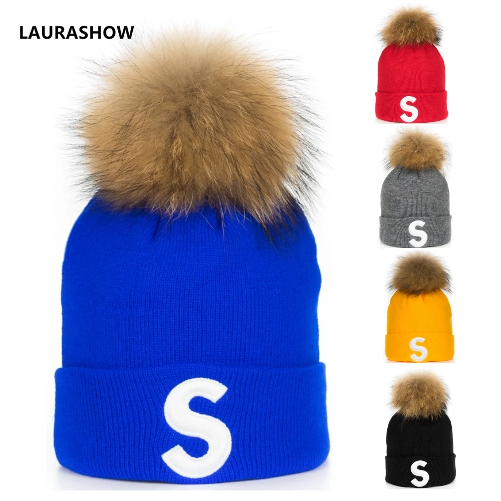 

LAURASHOW Kids Boys Girl Hip Hop Cap Real Raccoon Fur Ball Pom Poms Knitted Wool Beanie Hat Warm Winter