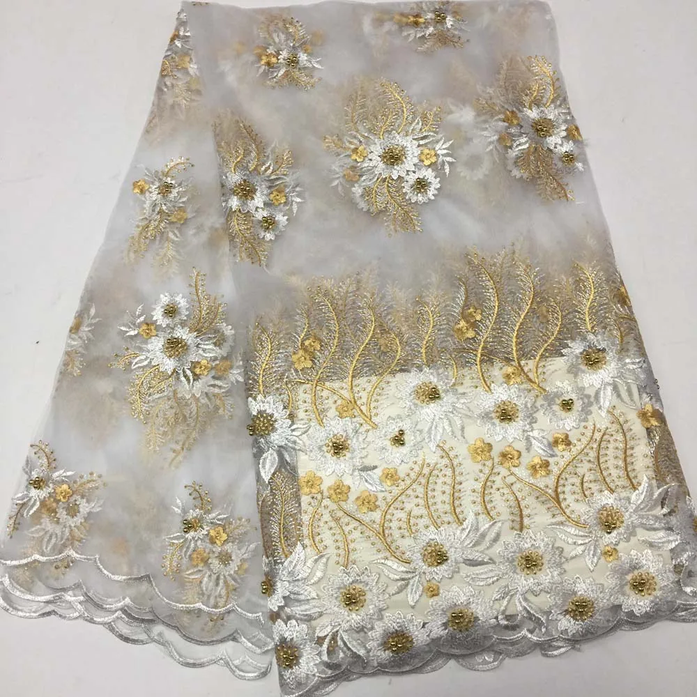

2018 Pearls Rhinestone Guipure African Lace Fabric Applique Embroidered Beaded French Nigerian Lace Fabrics for Dress