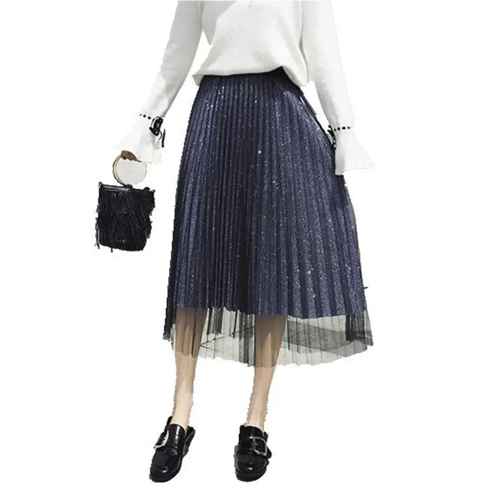 Высокая талия женская элегантная плиссированная повседневная юбка тонкая эластичная талия сетка пэчворк femme mujer летняя юбка