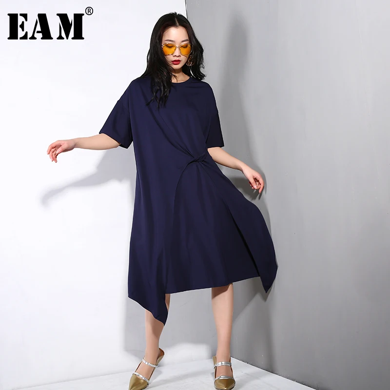

[EAM] 2019 New Spring Summer Round Neck Short Sleeve Blue Irregular Bandage Stitch Brief Dress Women Fashion Tide JR123
