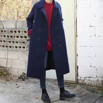 AYUNSUE Новая мода осень зима шерстяное пальто для мужчин Длинное свободное теплое Мужское пальто двубортная ветровка Лидер продаж LX1379 - Цвет: navy cotton liner