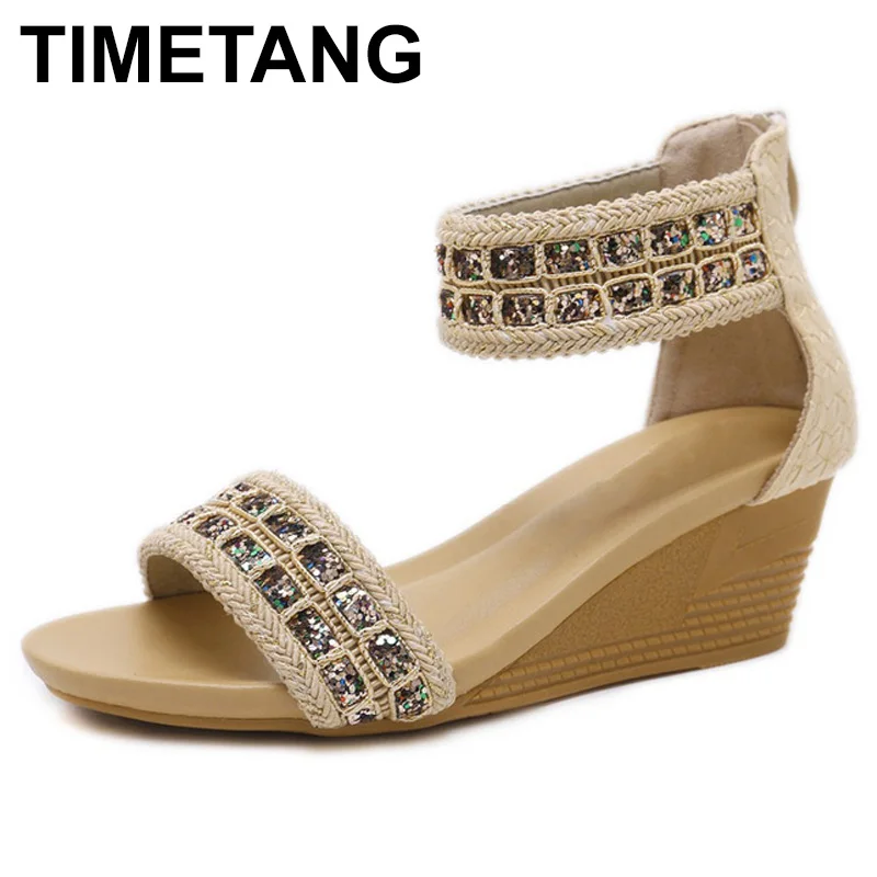 

TIMETANG Bling Women Wedge Heel Ankle Wrap Bohemia Sandals Sequined Shoes Casual Gladiator Sandals Patchwork Med Heels 35-42E389