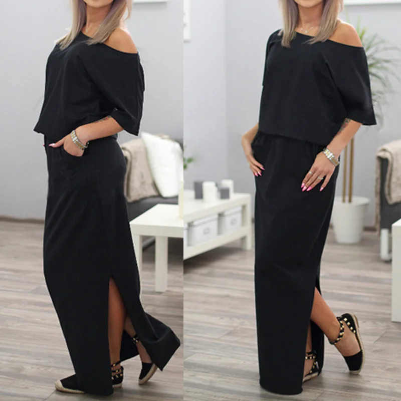 2XL женское богемное Платье макси с коротким рукавом О разрезов на шее сбоку