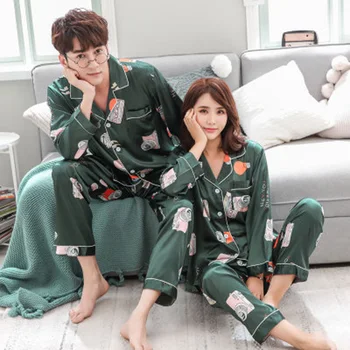 

2018 new summer men and women silk thin print pajama sets leisure loose young couple pijama long sleeve pajamas for couple