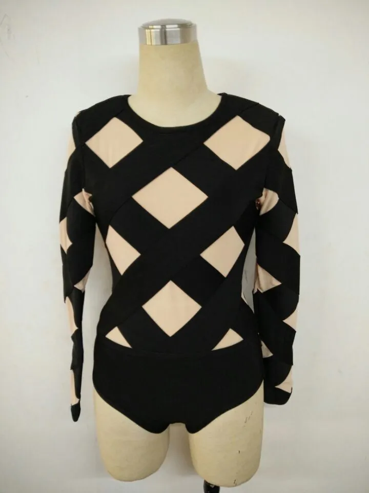 2016-new-black-and-beige-mesh-long-sleeve-O-neck-women-bandage-jumpsuit-Playsuit