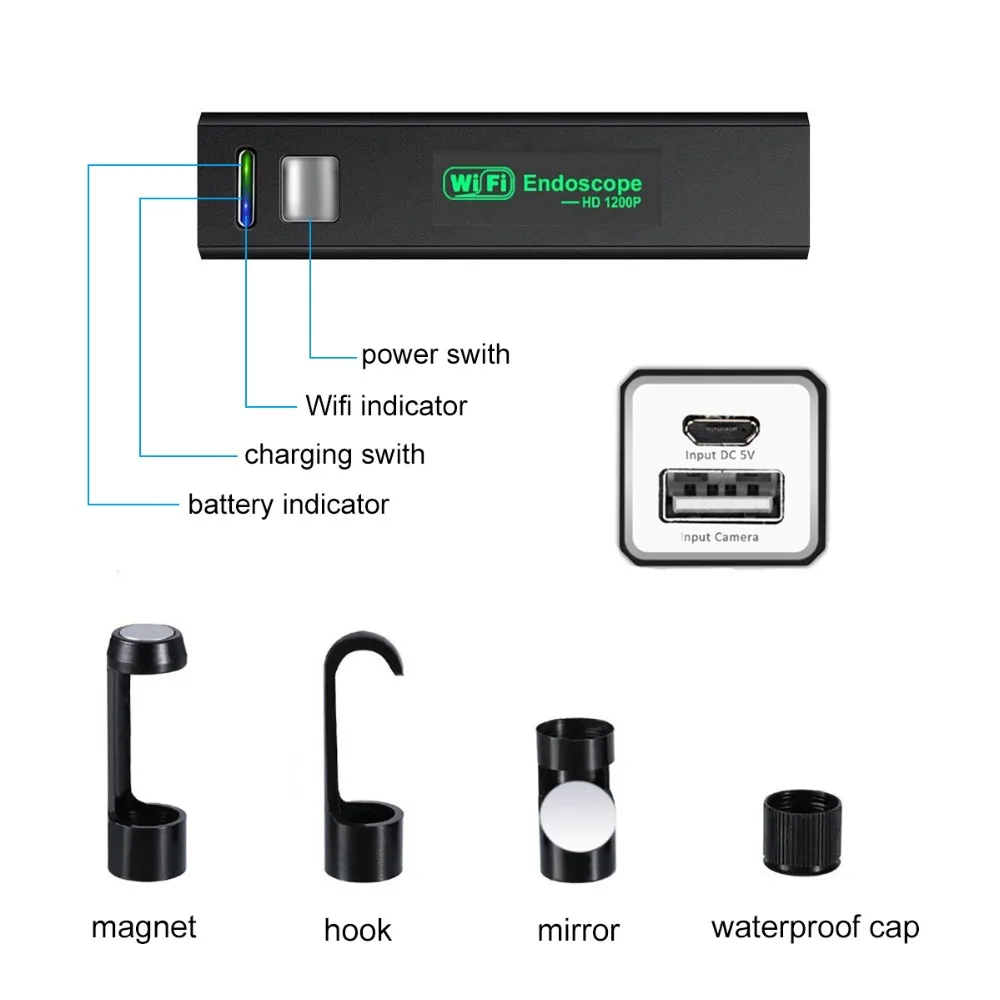  HD 1200P Wifi Endoscope Camera 2m/5m/10m Semi Rigid Cable IP68 Waterproof Borescope Inspection Came
