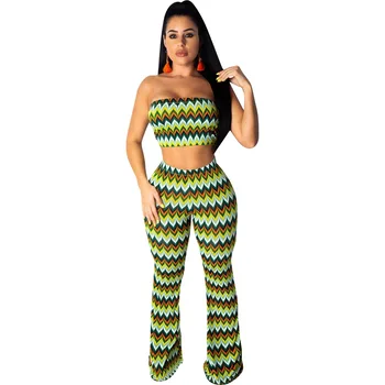 

Spring Summer Women Two Piece Set Top and Pants Plus Size Outfits Tracksuit Sweatsuit Outfit Wave Print Strapless Top Long Pants