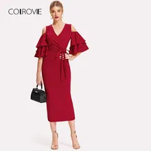 COLROVIE V Neck Ruffle Belted Open Shoulder Sexy Party dresses Elegant 2018 Autumn Evening Women Dresses