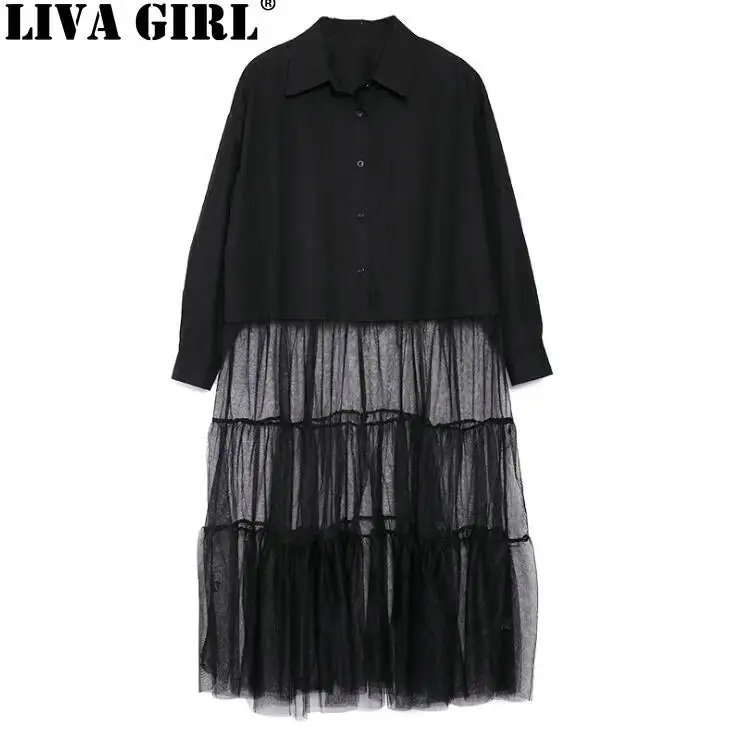 

LIVA GIRL Autumn Dresses For Women Hem Mesh Asymmetrical Loose Oversize Black Dress Female Fashion Tide New
