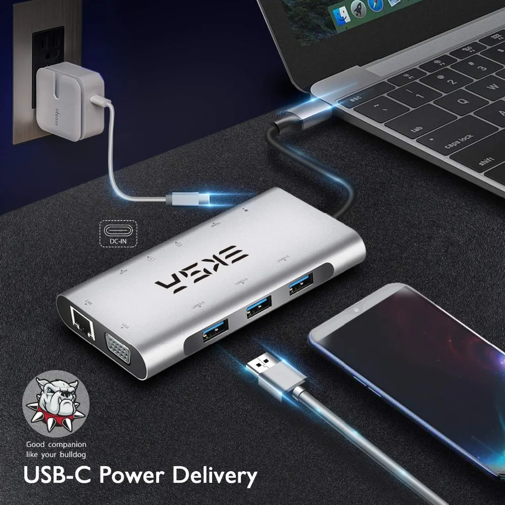 EKSA 10 в 1 usb-хаб USB C концентратор с 4K HDMI USB 3,0 порт SD/TF кардридер VGA RJ45 Gigabit Ethernet для Dell/samsung/huawei P20