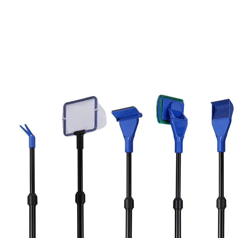5 in 1 Aquarium Fish Glass Tank Cleaning kit Gravel Rake Algae Scraper Flant Fork Sponge Blue
