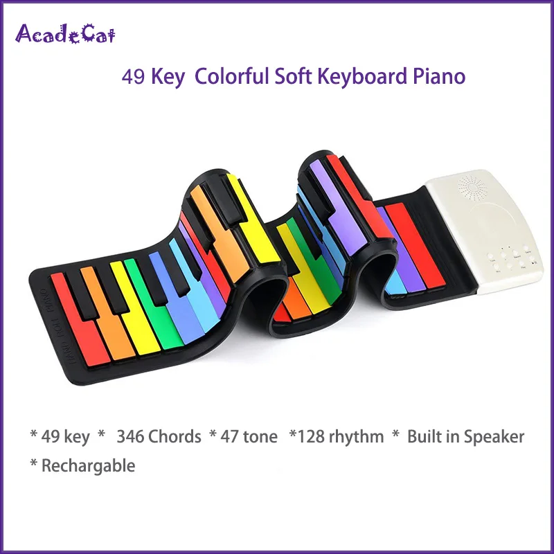 

Roll Up Piano 49 Keys Silicone Portable Foldable Colorful Soft Keyboard Electronic Piano Rainbow Key rechargable