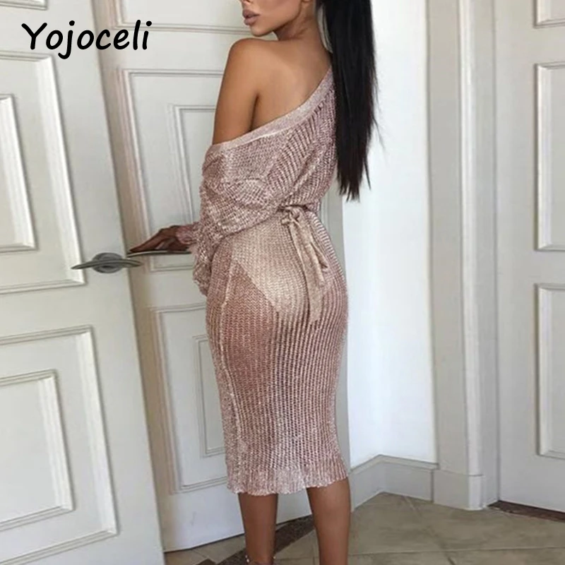 Женское трикотажное платье кардиган Yojoceli розовое золото с глубоким треугольным