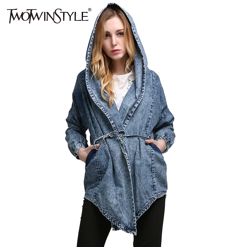 

[TWOTWINSTYLE] Autumn Lace Up Hooded Windbreaker Women Jean Denim Basic Coats Female Jacket for Women Long Sleeves Cardigan New