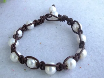 

free shipping!!! A-3773 Fashion Jewelry 10pcs/lot White Freshwater Pearl Bracelet Leather Cord Bracelet