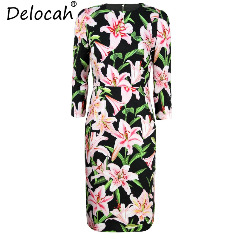 Delocah New Women Spring Summer Dress Runway Fashion Designer 3/4 Sleeve Floral Printed Elegant Vintage Ladies Vacation Dresses