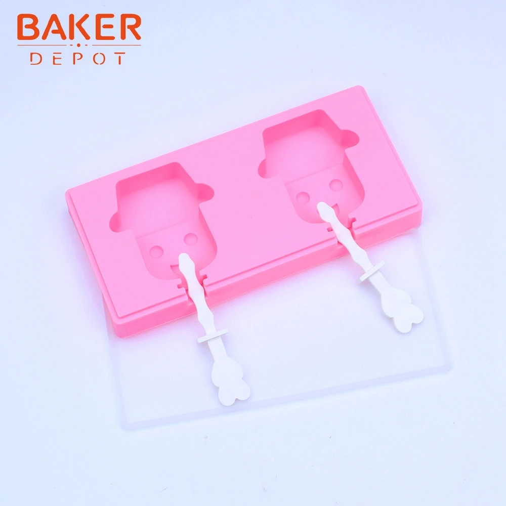 BAKER DEPOT силиконовые формы для icecream снеговик форма мороженое на палочке DIY ледяной куб лоток пудинг 3D Ледогенератор 2 отверстия с палочками