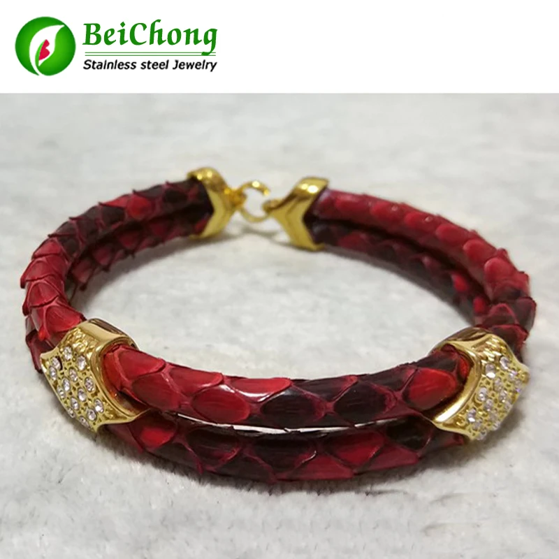 

BC Watch Gift Red Python Skin Snake 5MM Men with Square Stainless Steel Circle Bangle Bracelet