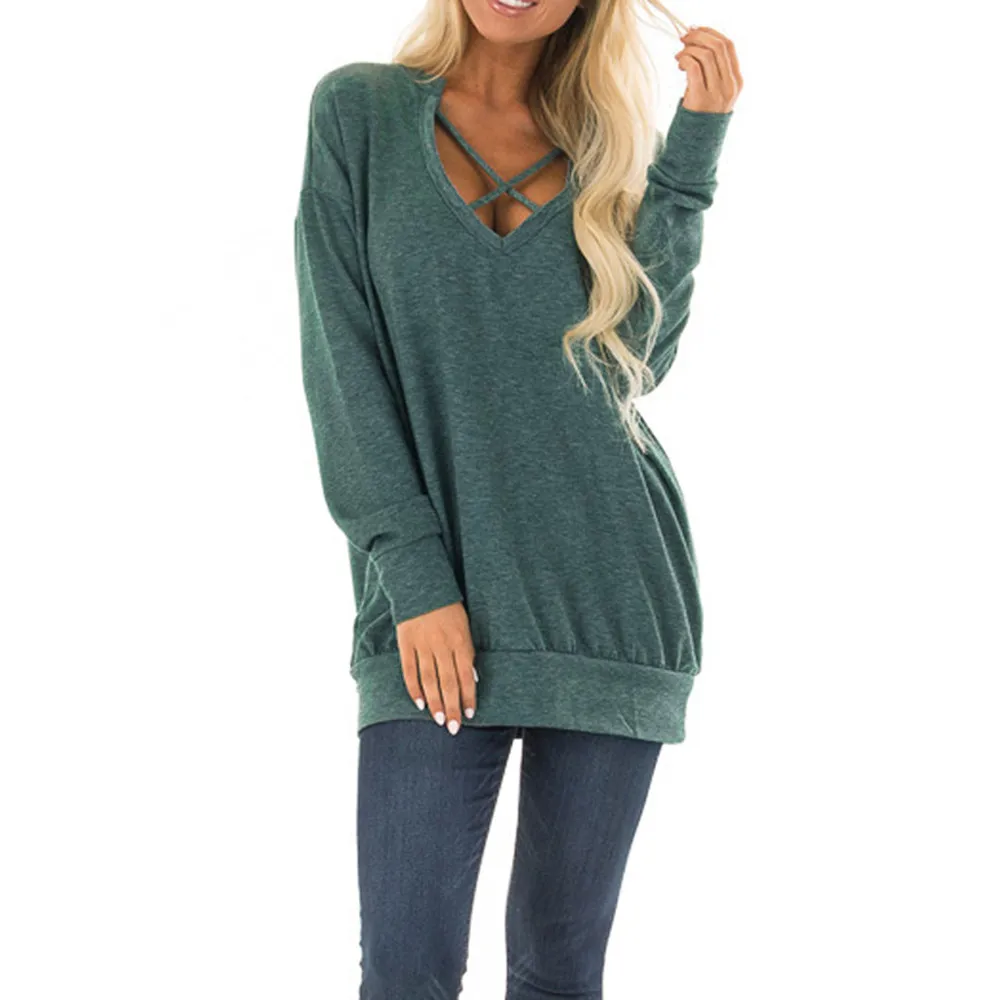

False Two Piece Women Pullover Women Unisex Style Womens V-Neck Long Sleeve Shirt Criss Cross Sweatshirt Pullover bluzy Tops #25
