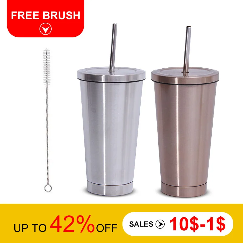

500ml coffee mug Stainless Steel Hot Cold Thermo Mug with Lid Vacuum Flask Drinking straw For Tea Cup Milk Metal Mugs Tumbler