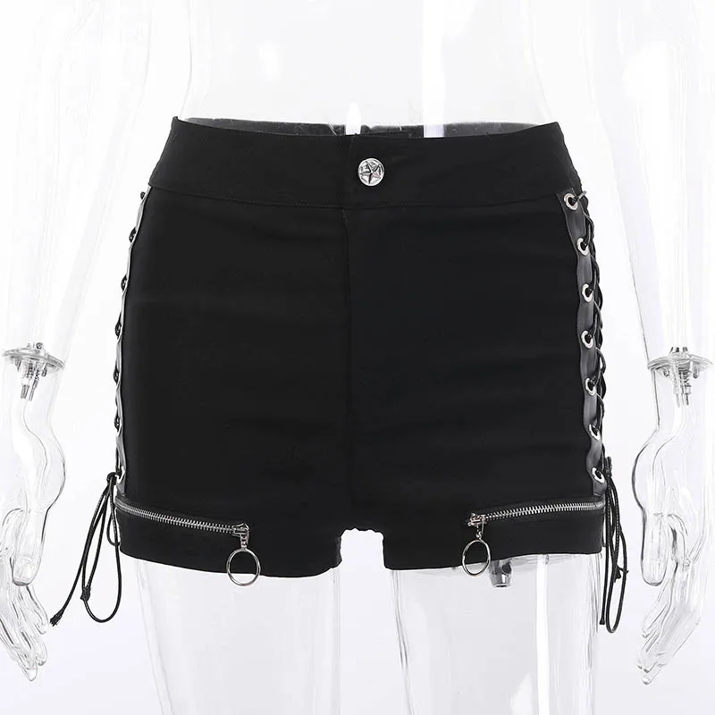 Summer Hot Shorts Women Black High Waist Bandage Casual Shorts Zipper Hollow Out Sexy Bodycon Female Gothic Black Mini Shorts