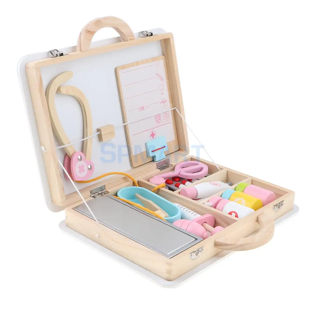 15 Pieces Wooden Doctor Nurse Medical Box Carry Case Suitcase Children Role Playing Set Kids Early Educational Toy Play Activity