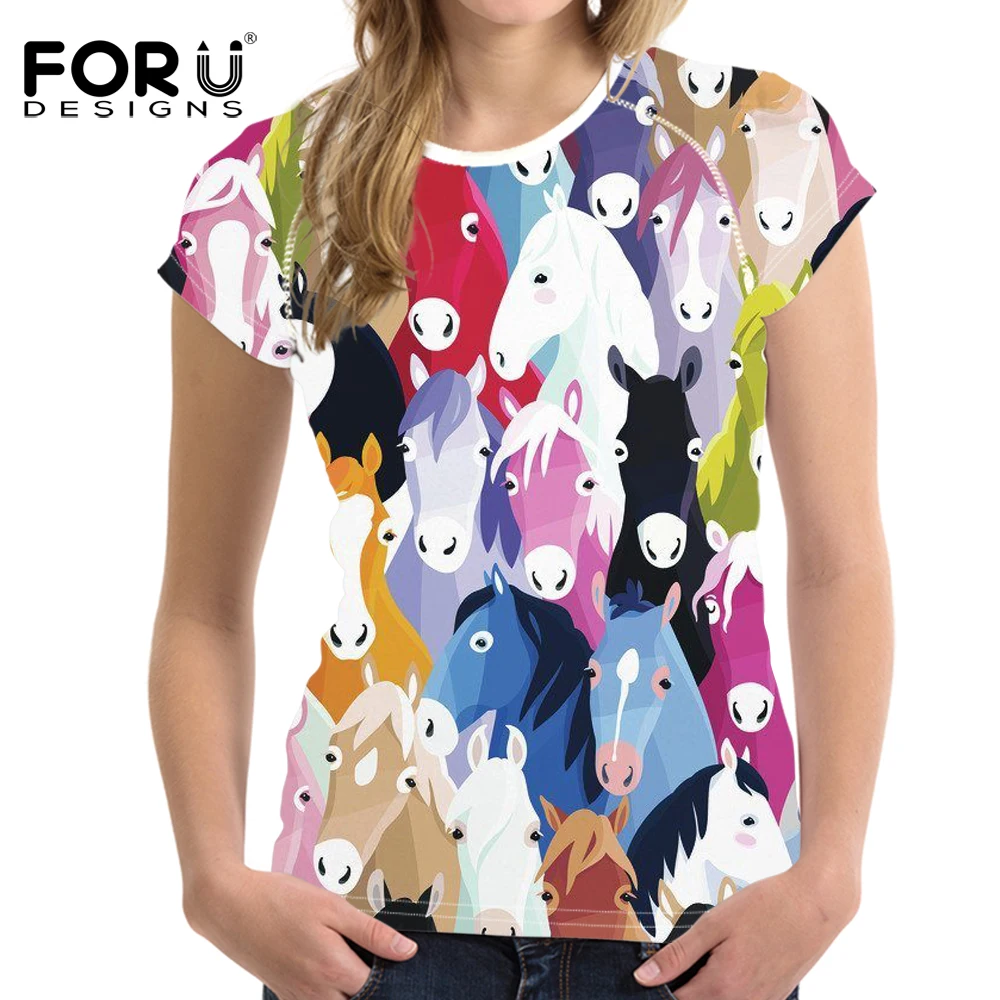 

FORUDESIGNS Lovely Colorful Horse Pattern Casual Women T Shirt Summer Breathable Tee Shirt for Ladies Short Sleeve Tops Shirts