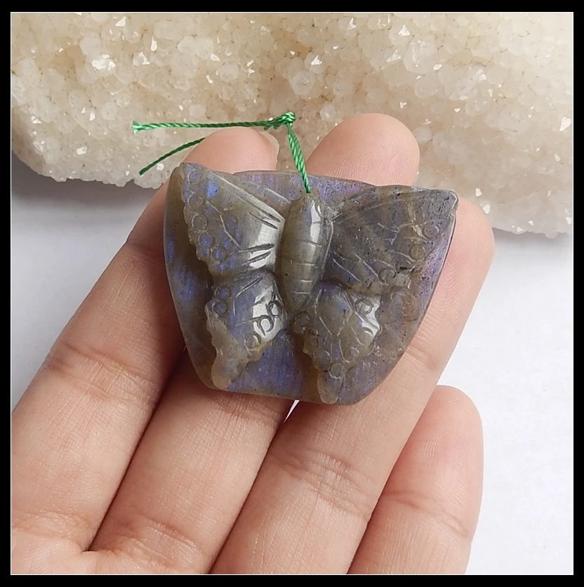 

Wholesale 1Pcs Natural Stone Flashy Labradorite Carved Butterfly Front Drilled Necklace Pendant 37x29x8mm 14.6g