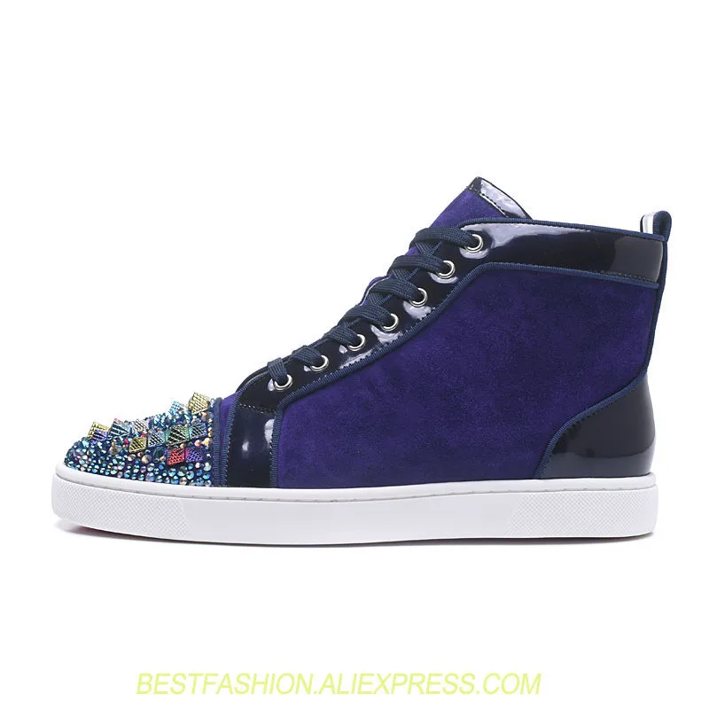 

Luxury Designers High Top Shoes Male Handmade Blue Genuine Leather Colorful Diamond Rivets Martin Boots Wedge Sneakers For Men