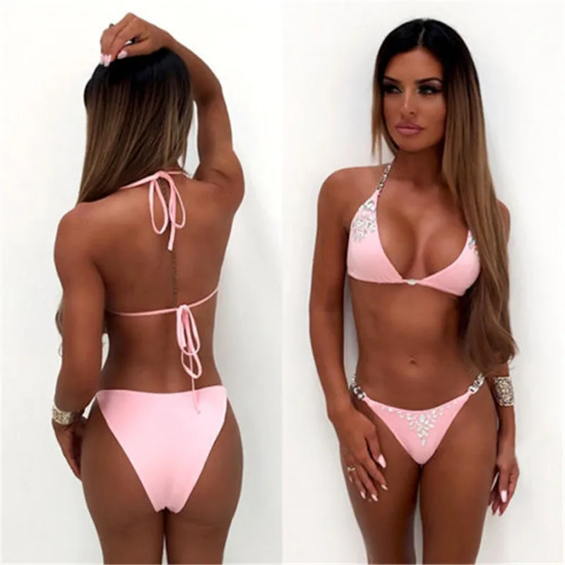 

Bikinis Set Halter Crystal Swimsuit Swimwear Women Swimming Bathing Suits Beachwear Sexy Push Up Brazilian Bikini Biquini