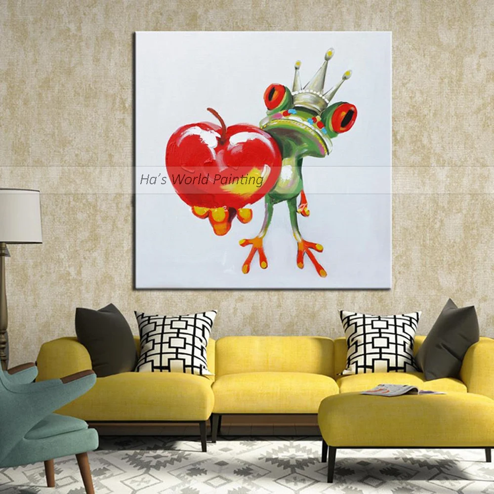 

Hand Painted Modern Abstract Cartoon Animal Oil Painting On Canvas frog with an apple Wall Art For Living Room hotel Home Decor