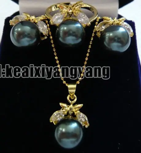 

Yellow Gold plate Black Shell Pearl CZ Pendant Earring Ring AAA style Fine Noble real Natural free shipping
