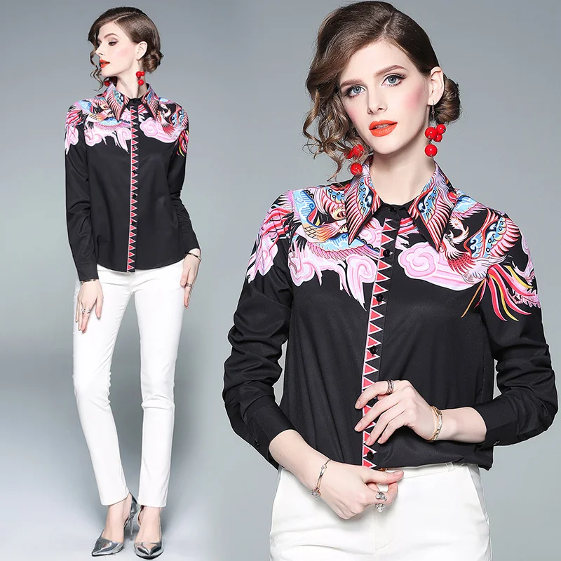 

2019 Spring Summer Fall Runway Vintage Floral Print Collar Long Sleeve Button Front Up Down Womens OL Casual Top Shirt Blouse