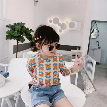 

2019 Summer new children's wear girls 'flowers net yarn T-shirt elegant style children playing bottom shirt