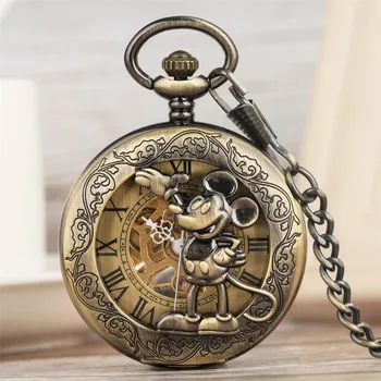 

Classic Retro Mickey Mouse Display Mechanical Hand Wind Pocket Watch Bronze Pendant Clock Roman Numeral Dial New 2019